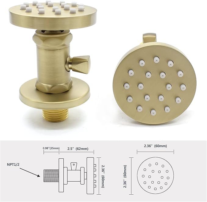 Solid Brass Shower Body Jets with Adjustable Flow - Round Massage Spa Shower Spray Jets for Concealed Wall Mounting, Brushed Gold