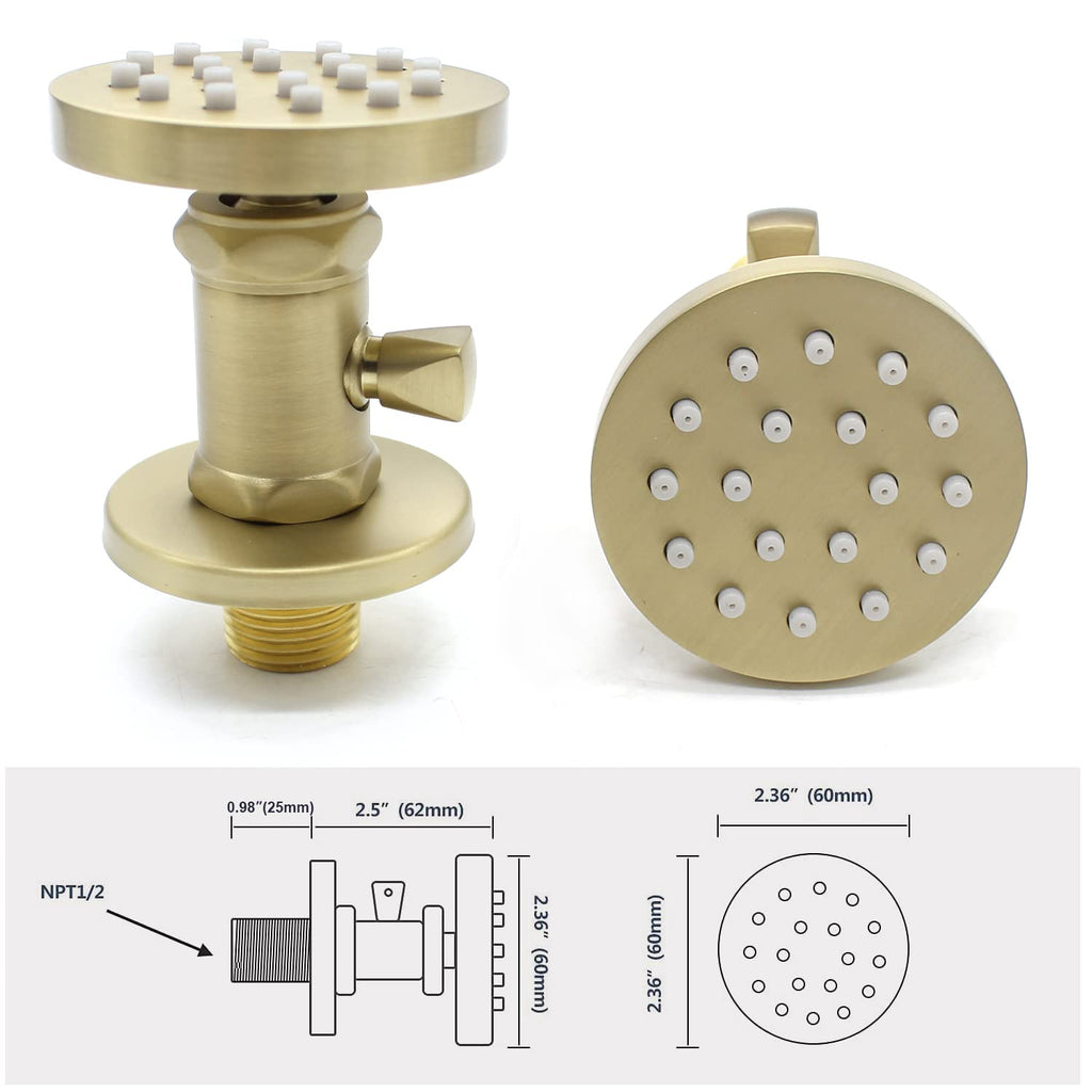 (Upgrade) Solid Brass Shower Jets with On Off Switch Brushed Gold Round Shower Body Sprays Massage Wall Jets Rotating Showerhead Body Sprayers Adjustable, NPT 1/2”