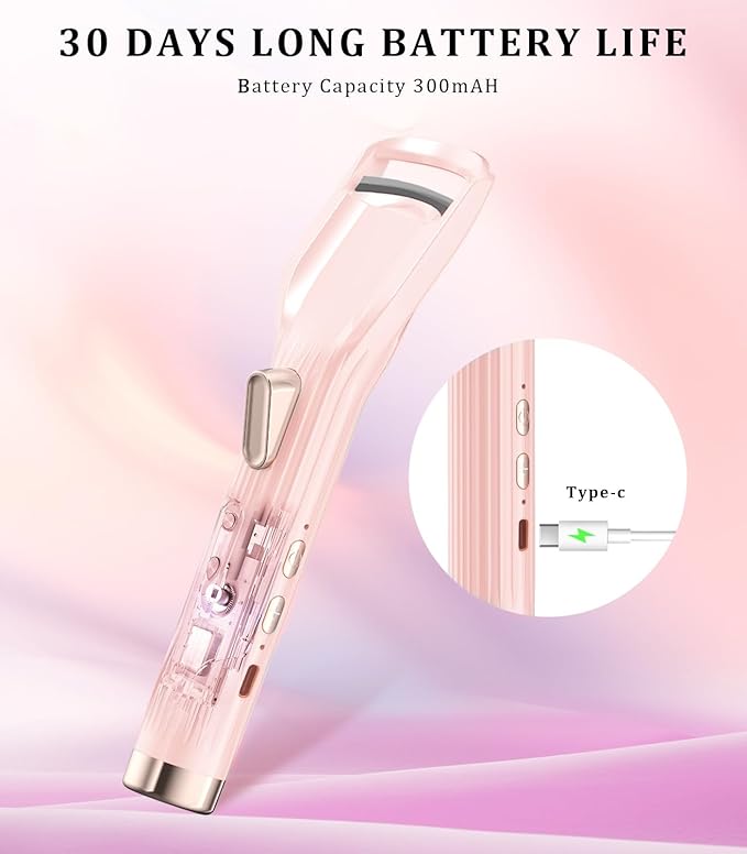 Heated Eyelash Curler Premium PRO - Fast Heat up in 8s - 24 Hours Long Lasting - Rechargeable Electric Eyelash Curler with Type-C, Innovative L Silicone, 2 Heat Modes, Anti-Burn Eyelid, Pink-FD