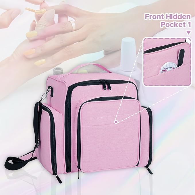 YAHOURWAT Nail Polish Organizer Holds 60 Bottles and a Nail Lamp,Portable Travel Case with 2 Removable Bags and Tools Storage Pockets Pink