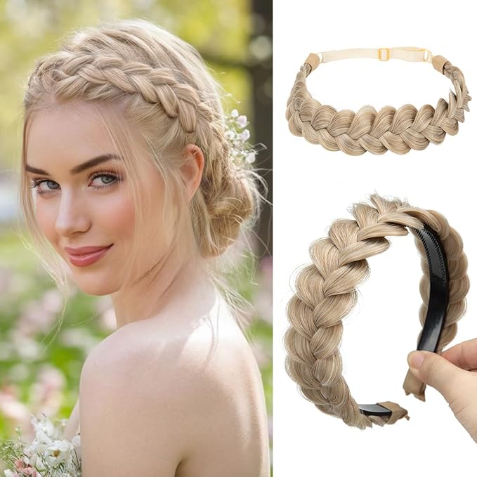 CJL HAIR 2PCs Braided Headbands Hair Piece for Women Synthetic Hair Hoops Head Bands Handmade Braid Hairband Accessories Elastic Stretch Headwrap Sunny Blonde
