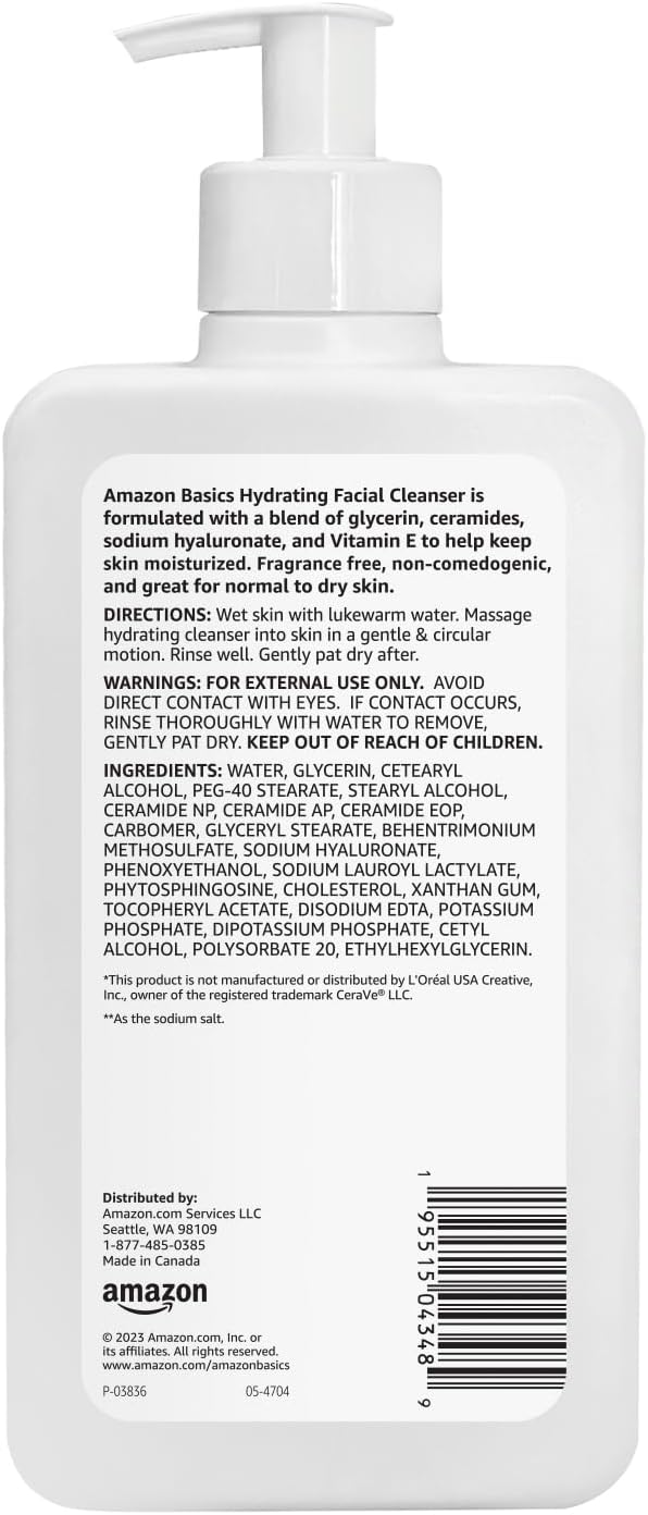 Amazon Basics Hydrating Facial Cleanser, Fragrance Free, with Ceramides, Non-Comedogenic, 12 Fl Oz, Pack of 1