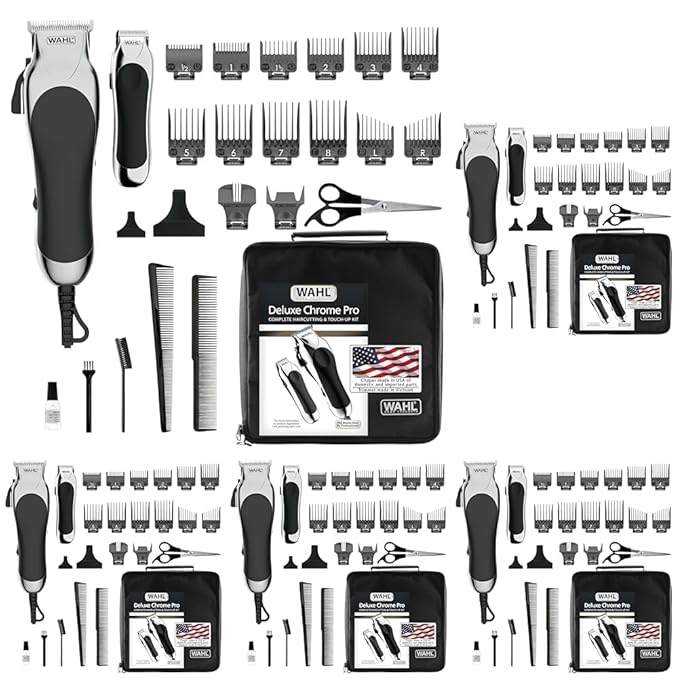 Wahl Clipper USA Deluxe Corded Chrome Pro,Complete Hair and Trimming Kit,Includes Corded Clipper,Cordless Battery Trimmer,and Styling Shears,for a Cut Every Time - Model 79524-5201M,(Pack of 5)