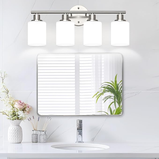 Zarbitta 4-Light Bathroom Light Fixtures, Brushed Nickel Modern Vanity Lights with Milky White Frosted Glass Shades, Bathroom Wall Lamp for Mirror Kitchen Living Room