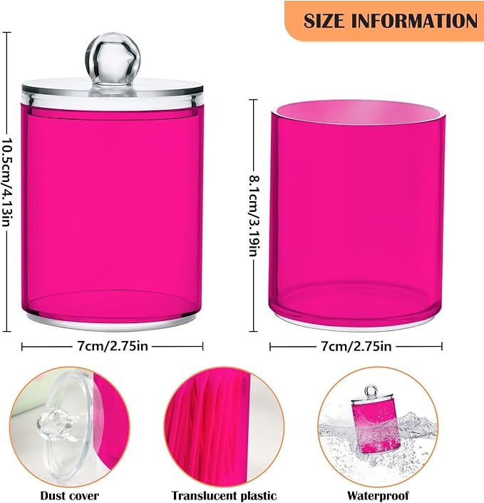 Deep Pink Qtip Holder Organizer Dispenser Cotton Swabs Cans Plastic Jars with Lid Set 4 Pack Bathroom Storage Canister for Cotton Ball Floss Cotton Pads