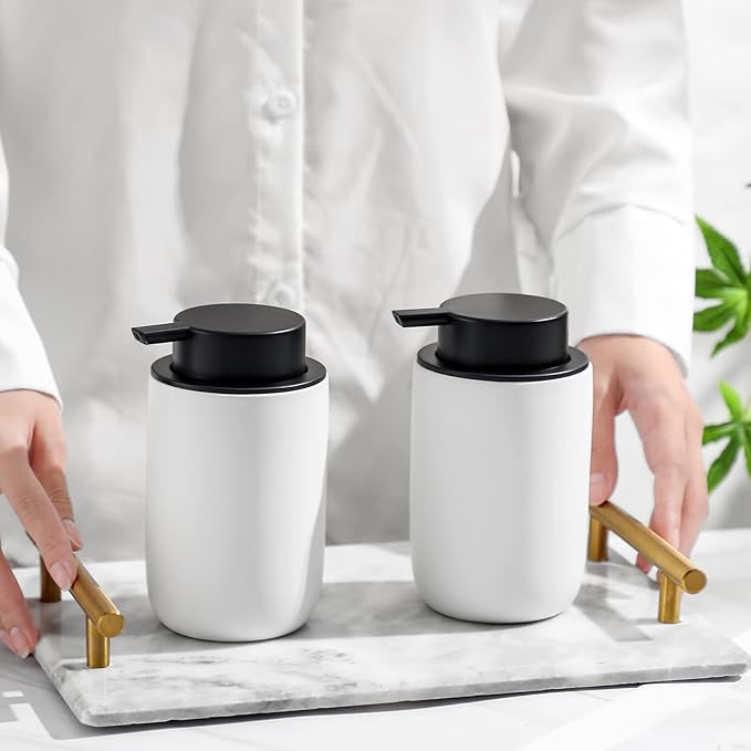 Hand Soap Dispenser for Bathroom Decro, Ceramic Liquid Pump Bottles Refillable Dish Dispenser for Kitchen Farmhouse Colleage Dorm, Matte White 2 Pack