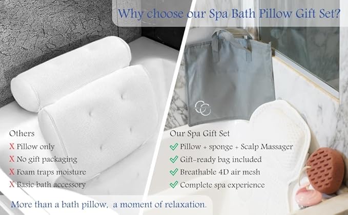 Luxury Bath Pillow for Tub – Neck & Back Support with Soft 4D Mesh, Non-Slip Suction Cups, Spa Gift Set with Exfoliating Sponge & Scalp Massager