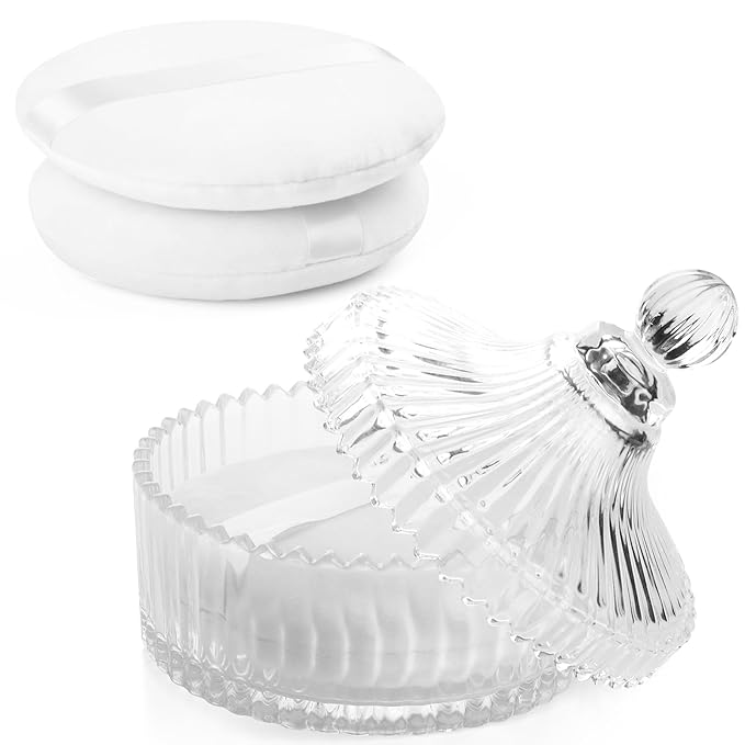 YINGMAN 3Pcs Extra Large Body Powder Puff & Luxury 6" Glass Jar Dusting Powder Container with Puff for Women Bath Powder Puffs Perfect for Talcum or Loose Powder (White)
