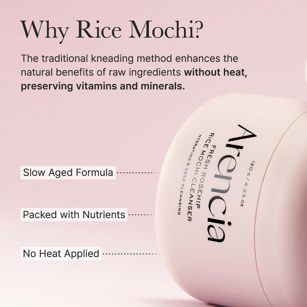 Arencia Rosehip Rice Mochi Face Cleanser & Daily Scrub - Moisturizing, Exfoliating & Deep-Cleansing - All Skin Types with Rice Powder & Rice Water (4.23oz)