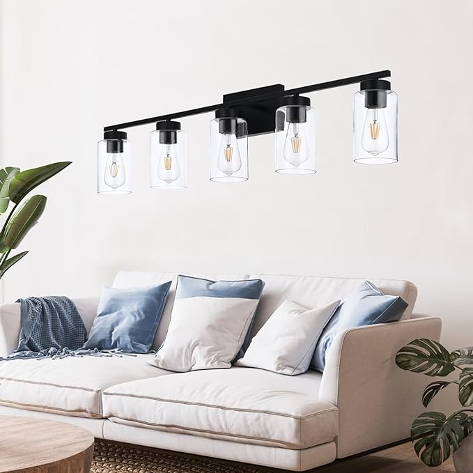 A1A9 5 Light Bathroom Vanity Light Fixtures, Matte Black Modern Wall Lights with Clear Glass Shade, Vintage Wall Sconce Lighting for Living Room, Mirror, Bedroom, Hallway (Black, 5-Lights)
