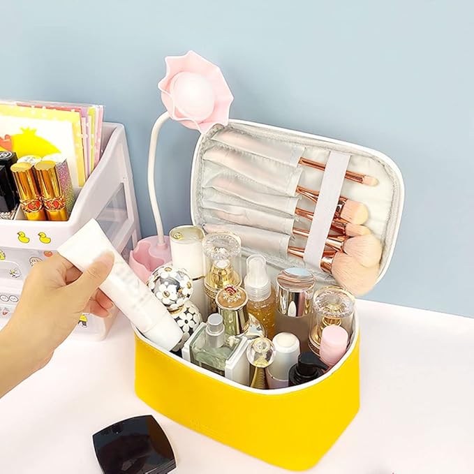 Meiyuuo Travel Makeup Bag for Women, PU Leather Cosmetic Bag, Yellow