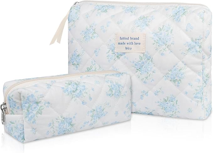 Gosect 2PC Makeup Bag Set, Cute Cosmetic Bag for Women Girls, Floral Coquette Aesthetic Toiletry Bag, Travel Make Up Organizer Bag (Blue Rose)