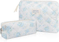 Gosect 2PC Makeup Bag Set, Cute Cosmetic Bag for Women Girls, Floral Coquette Aesthetic Toiletry Bag, Travel Make Up Organizer Bag (Blue Rose)