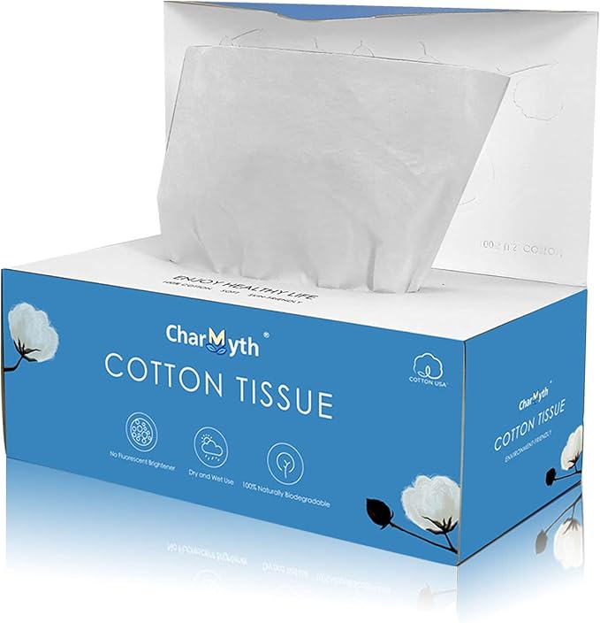 Charmyth Extra Thick Disposable Face Towel, Disposable Makeup Removing Wipes, 100% USA Cotton and 100% Organic & Cruelty Free, Lint-Free Cotton Tissues for Sensitive Skin 100 Count