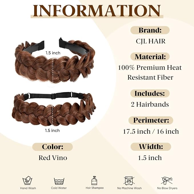 CJL HAIR 2PCs Braided Headbands Hair Piece for Women Synthetic Hair Hoops Head Bands Handmade Braid Hairband Accessories Elastic Stretch Headwrap Red Vino