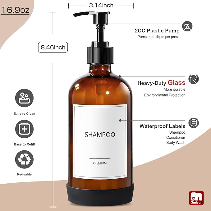 GMISUN Glass Shampoo and Conditioner Dispenser with Silicone Boot, Shower Soap Dispenser Bottles with Labels, Refillable Shampoo Conditioner Body Wash Dispensers
