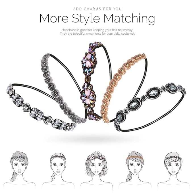 Teenitor 5 Pcs Elastic Beaded Headbands, Jewels Hairband Hat Bands, Crystal Rhinestone Headbands for Women