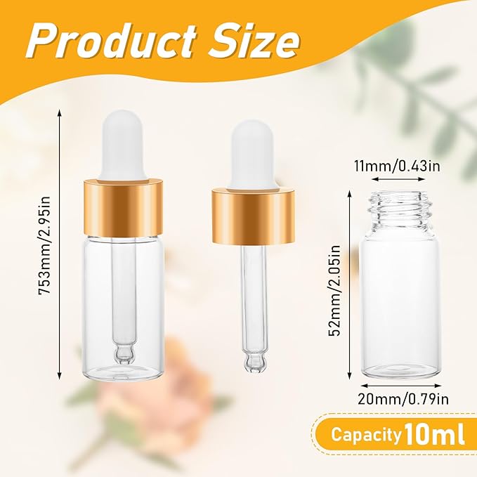 COTOM 20 Pack Mini Dropper Bottle for Cuticle Oil, 10ml Small Sample Essential Oil Dropper Bottles for Travel, Clear Empty Vails for Cosmetic Perfume