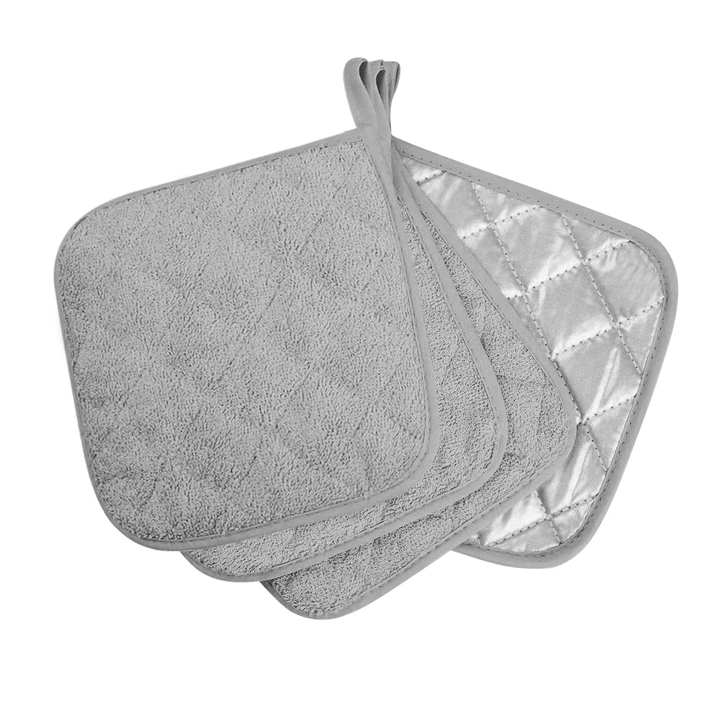 meioro 4-Pack Pot Holders for Kitchen High Heat Resistant Potholder, 100% Cotton Hot Pads, Quilted Terry Hot Pot Holder Set for Kitchens, Washable Trivet for Cooking and Baking 7x7 Inches (Dark Grey)