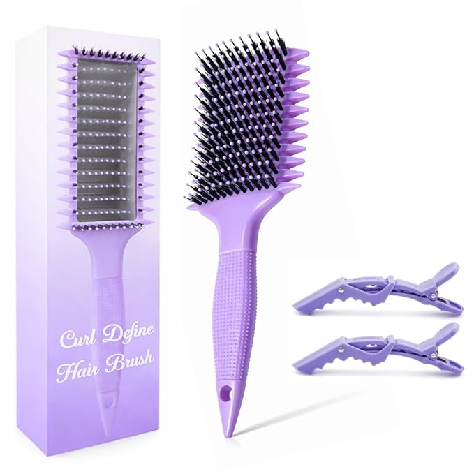 Curl Defining Brush with Hair Clips – Detangling Tool for Wet or Dry Styling, Ideal for Curly Hair, Women & Girls (Purple)