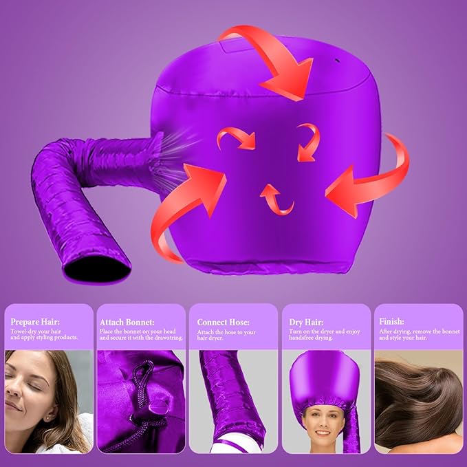 Hooded Hair Dryer Bonnet - Fast Drying for Natural Hair, Deep Conditioning & Curls - Adjustable, Even Heat, Portable Travel (Purple)