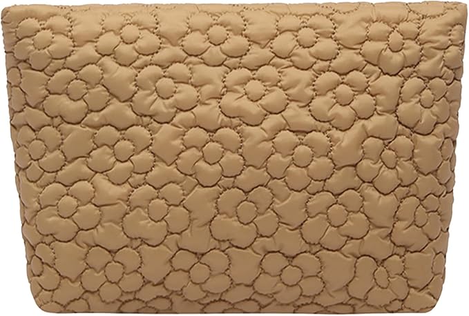 HFLZBRO Puffy Quilted Makeup Bag, Cosmetic Bag, Travel Toiletry Organizer Pouch, Clutch for Wom (Khaki Flower)
