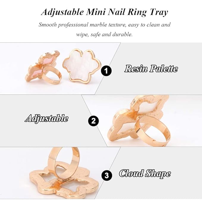 AKOAK Adjustable Mini Nail Ring Tray, Resin Nail Art Gel Makeup Plate Palette, Ring Gel Polishing Mixing Tray DIY Color Plate Nail Art Polishing Paint Plate (Cloud, 2Pcs)