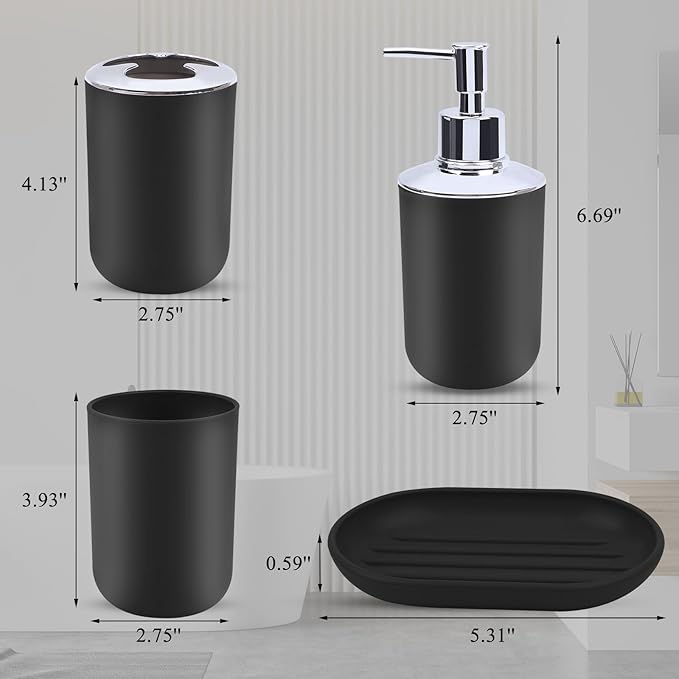 LGURT Matte Black Bathroom Accessories Set, 4-Piece Plastic Black Bathroom Organizer with Soap Dispenser, Toothbrush Holder, Rinse Cup & Soap Dish, Classic Black Bathroom Decor