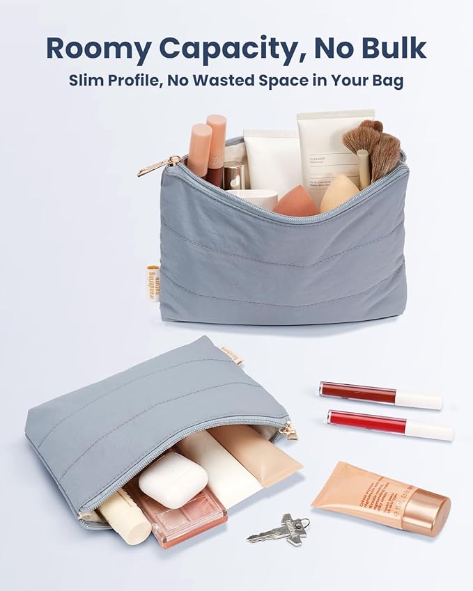 Wandering Nature Small Makeup Bag 2 Pack Cosmetic Bag for Purse, Puffer Quilted Makeup Pouch, Cute Travel Pouch with Zipper for Women, Gray Blue