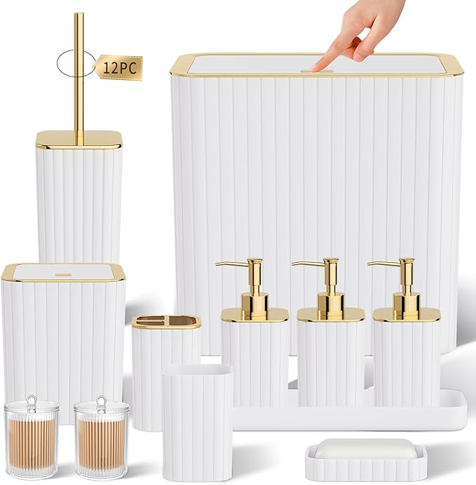 InnJoey Bathroom Accessory Set - Bathroom Set, 12PC Bathroom Accessories Set, White Bathroom Accessories Set, Mini Trash Can, Toilet Brush, Trash Can & Soap Dispenser