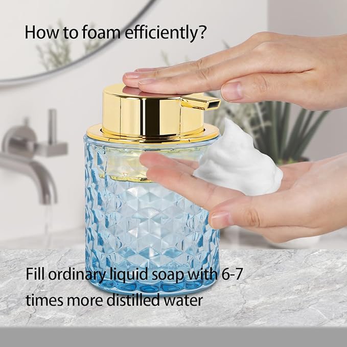 Fvstar 10 Oz Glass Hand Soap Dispenser with Pump, Refillable Bathroom Gold Foaming Soap Dispenser, Vintage Glass Diamond Lotion Container Bottle for Bathroom and Kitchen (2, Blue and Gold)