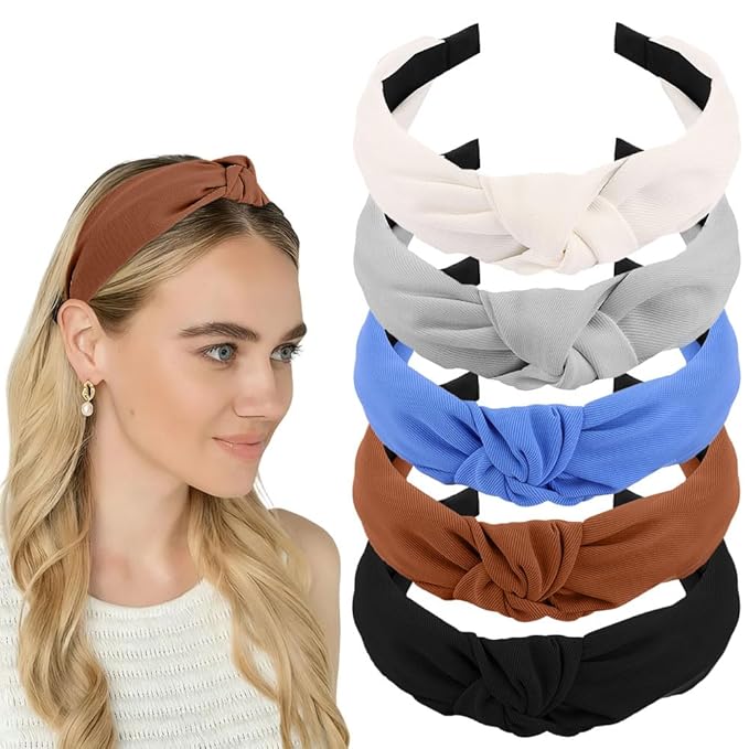 AHONEY 5 Pack Knotted Headbands for Women Trendy Fashion Thick Headbands Top Knot Non Slip Cute Hair Accessories Multi-style Headband Pack Diademas Para Mujer