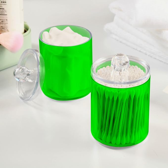 Green Qtip Holder Organizer Dispenser Cotton Swabs Cans Plastic Jars with Lid Set 4 Pack Bathroom Storage Canister for Cotton Ball Floss Cotton Pads