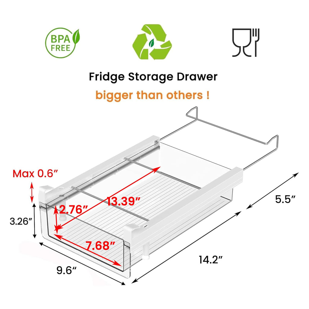 vacane Large Fridge Under Shelf Drawer, Pull Out Refrigerator Drawer Organizer Fridge Organizer Bins, Fridge Storage Container Holder for Produce, Deli Meat, Cheese, Bacon, Easy to Install-L