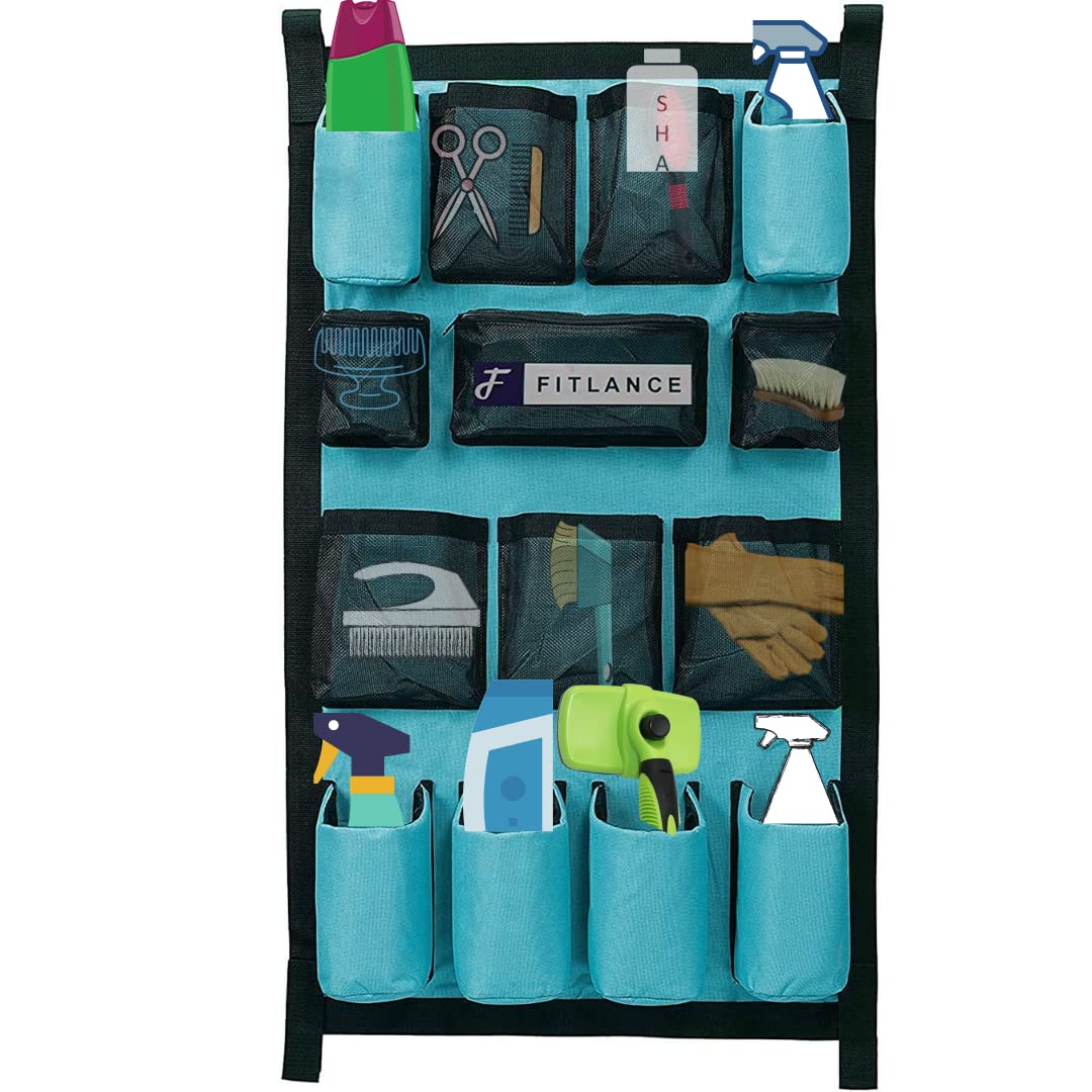 FITLANCE Equine Long Trailer Door Caddy – Horse Trailer Grooming Bag with Pockets, Stall & Barn Organizer, Tack Room Storage, Hanging Hook & Loop Straps + Mounting Hardware Included(Teal)