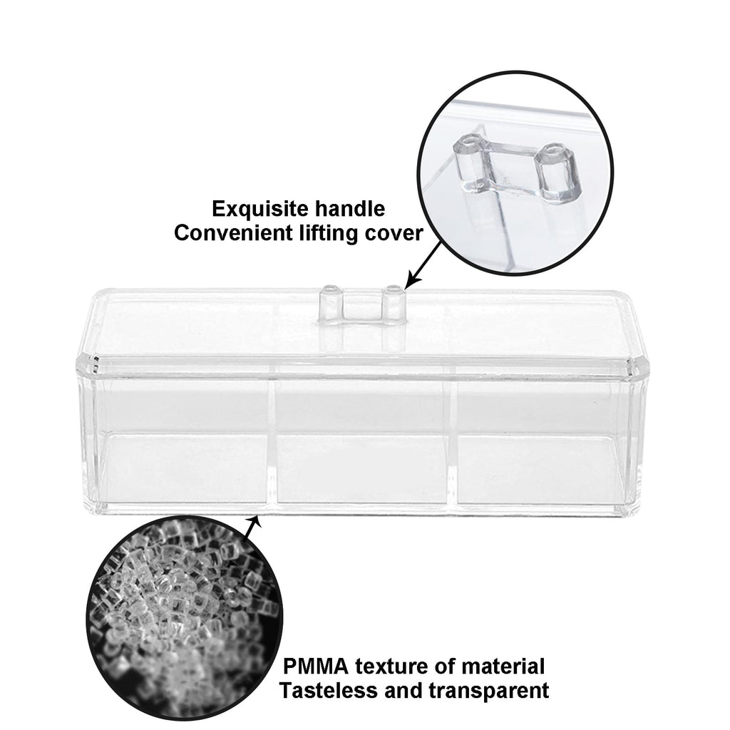Square Qtip Holder Dispenser, 3 Compartments Cotton Ball Holder, Bathroom Canisters for Cotton Swab, Ball, Cottons Pad Organizer, Clear Acrylic Containers with Lid for Bathroom Vanity Countertop
