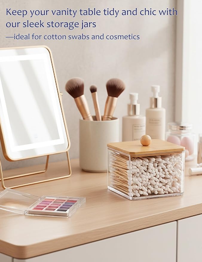 VIPTUVI Cotton Swab Holder with Bamboo Lid, Single Layer Plastic Apothecary Jar for Bathroom Vanity, Cotton Ball Container & Floss Pick Organizer, Dispenser for Hair Tie & Cotton Rounds.