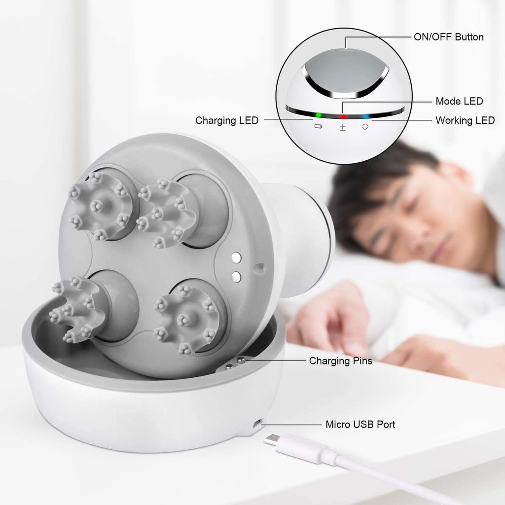 cotsoco Electric Scalp Head & Back Massager, Cordless Hair Massage Waterproof Head Massager with 4 Heads 84 Nodes for Hair Growth, Stress Relief & Deep Clean, Gifts for Men Women, White