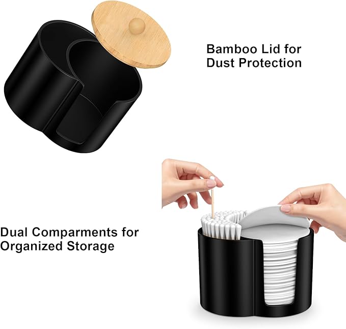 PENGARO Cotton Pad Swab Holder, Q tip Holder Round Makeup Pads Dispenser Small Plastic Swabs Dispenser with Lid, Bathroom Accessories Storage Organizer for Floss Picks, Black