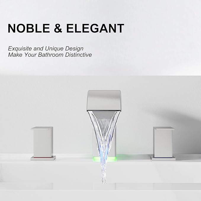 RUMOSE LED Bathroom Faucets Set Brushed Nickel 8 inch Bathroom Sink Faucet 3 Hole with Pop Up Drain Widespread Waterfall Vanity Faucet with 3 Colors Light Changing Stainless Steel Deck Mounted