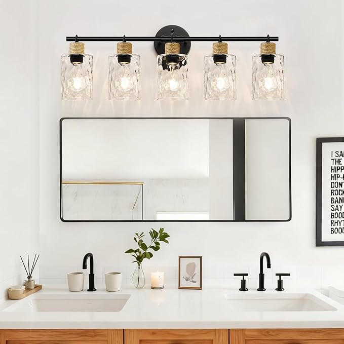 Bathroom Light Fixtures, 5-Light Coastal Vanity Lights with Crystal Glass Shade, Black Bathroom Wall Lamp for Mirror Kitchen Hallway Cabinet