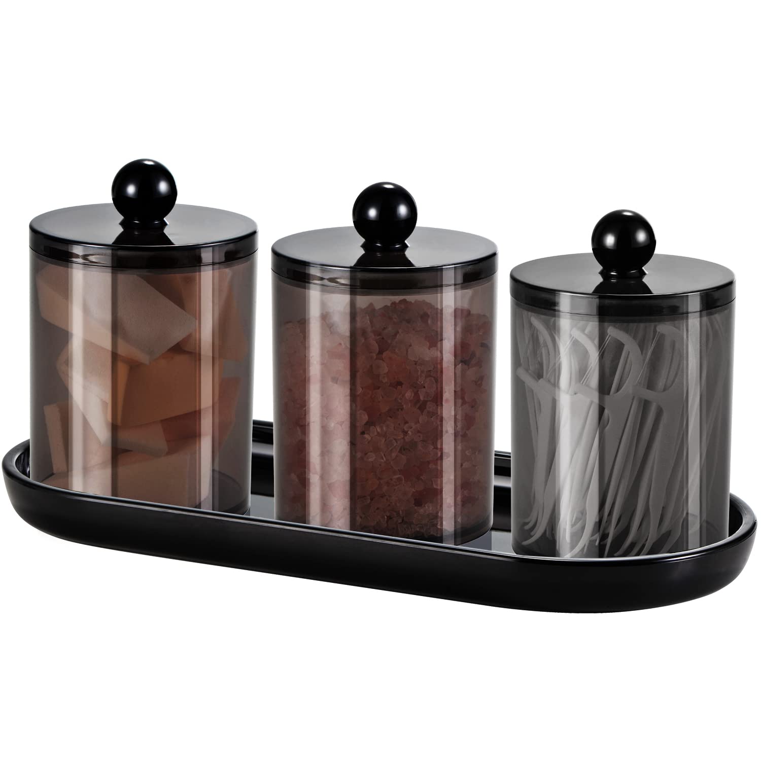 SheeChung 3 PCS Qtip Holder Bathroom Set with Tray, Acrylic Apothecary Jars