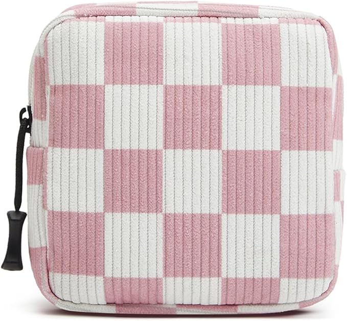 ZOEMTIU Small Makeup Bag for Purse,Mini Cosmetics Bag cute Zipper corduroy Cosmetic Pouch Storage Pouch Travel Toiletry Organizer for Women Girls(Checkered Pink)