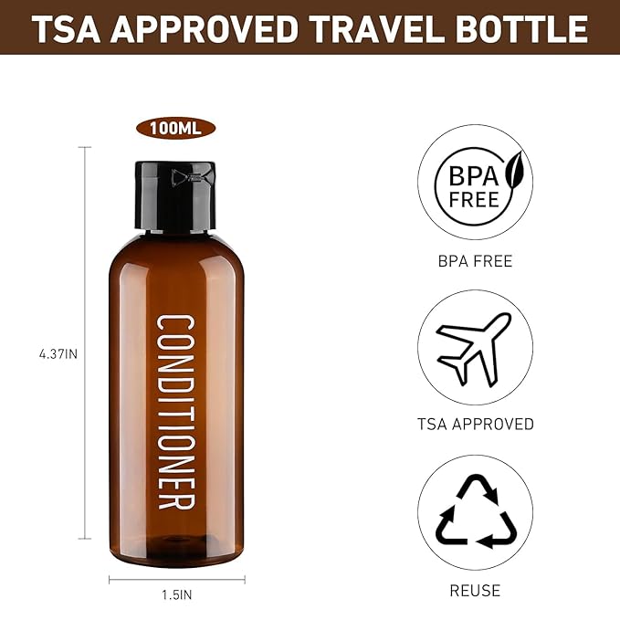 Wowang Travel Bottles for Toiletries 4 Pack 3.4oz/100ml TSA Approved Travel Size Containers Leak Proof Shampoo and Conditioner Bottles Plastic Squeeze Bottle(Brown)