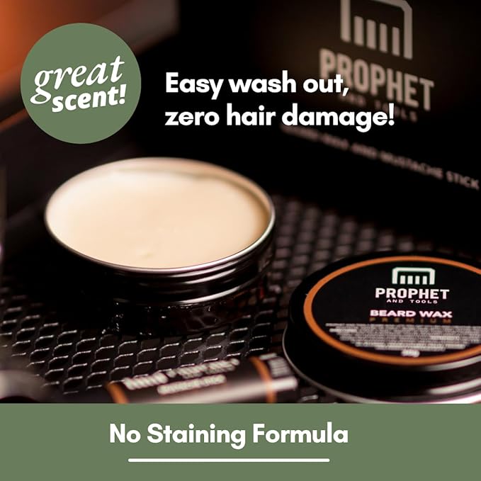 Prophet and Tools Level 3 Strong Hold Beard & Hair Wax - 24-Hour Hold for Shaping & Styling, Easy Wash Out - Includes Mustache Styling Stick