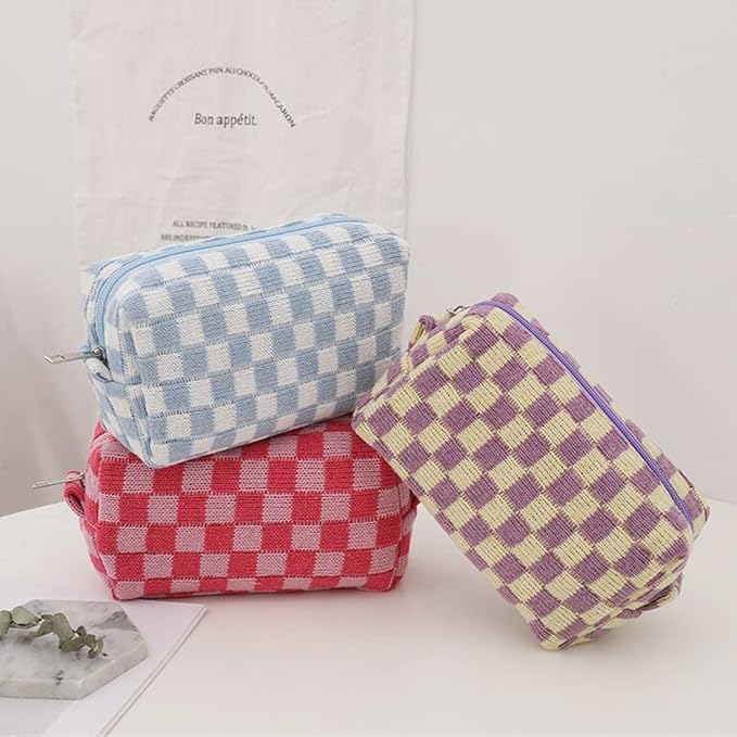 SxoSyo 2 Pcs Checkered Cosmetic Bags, Make up Brushes Cases, Blue