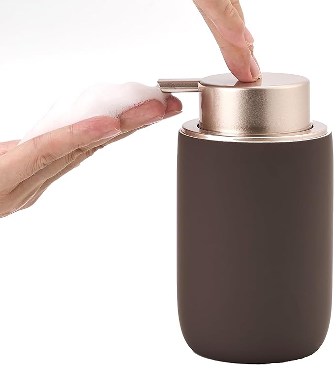 GIRLUFO Foaming Soap Dispenser with Plastic Pump,12oz Foam Dispenser Bathroom,Kitchen Foam Soap Dispenser,Brown Hand Soap Bottle(Rubber Paint& Ceramic)