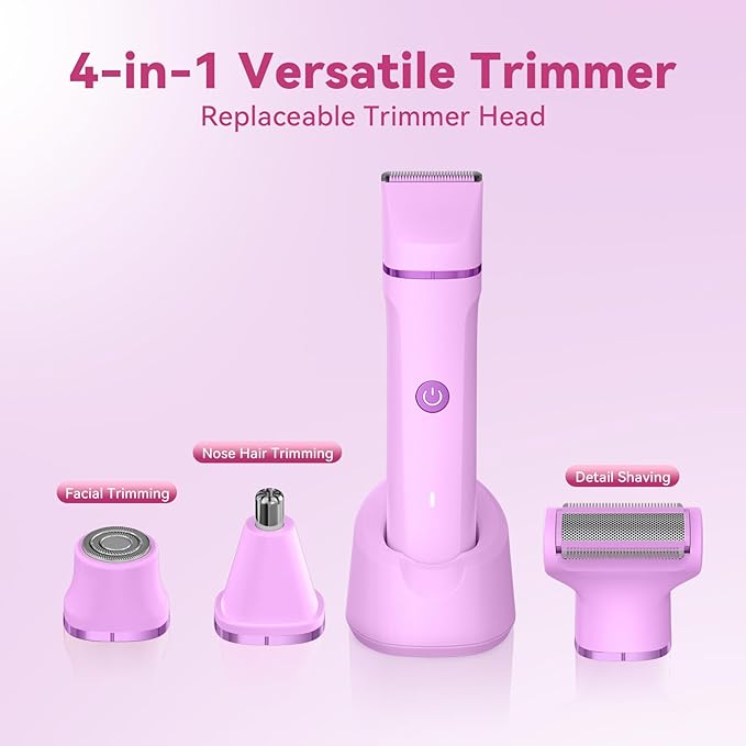 Electric Bikini Trimmer for Women: Electric Razors for Pubic/Leg/Armpit/Facial Hair, 4-in-1 Shaver Grooming Kit for Travel/Wet/Dry Use, Birthday Valentine's Day Self-Care Gifts for Mom Wife Girlfriend
