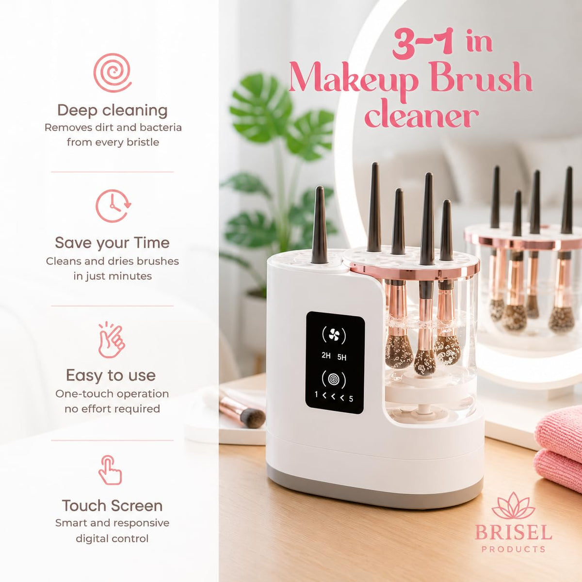 BRISEL 3-in-1 Electric Makeup Brush Cleaner & Dryer Machine, Automatic Cosmetic Brush Washer, USB Powered with LED, Deep Cleaning & 2H/5H Timed Drying, Fits All Makeup Brushes & Sponges