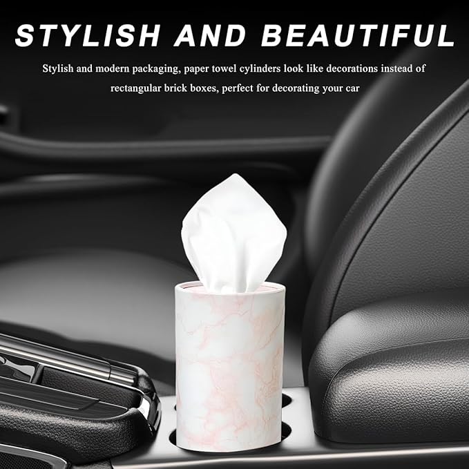 4PCS Car Tissue Holder, Car Cup Holder Convenient Travel Tissue Tube Box with Facial Tissues, Portable Round Tissues Holder Paper Towel Cylinder for Car Home Office (Marble Pink)